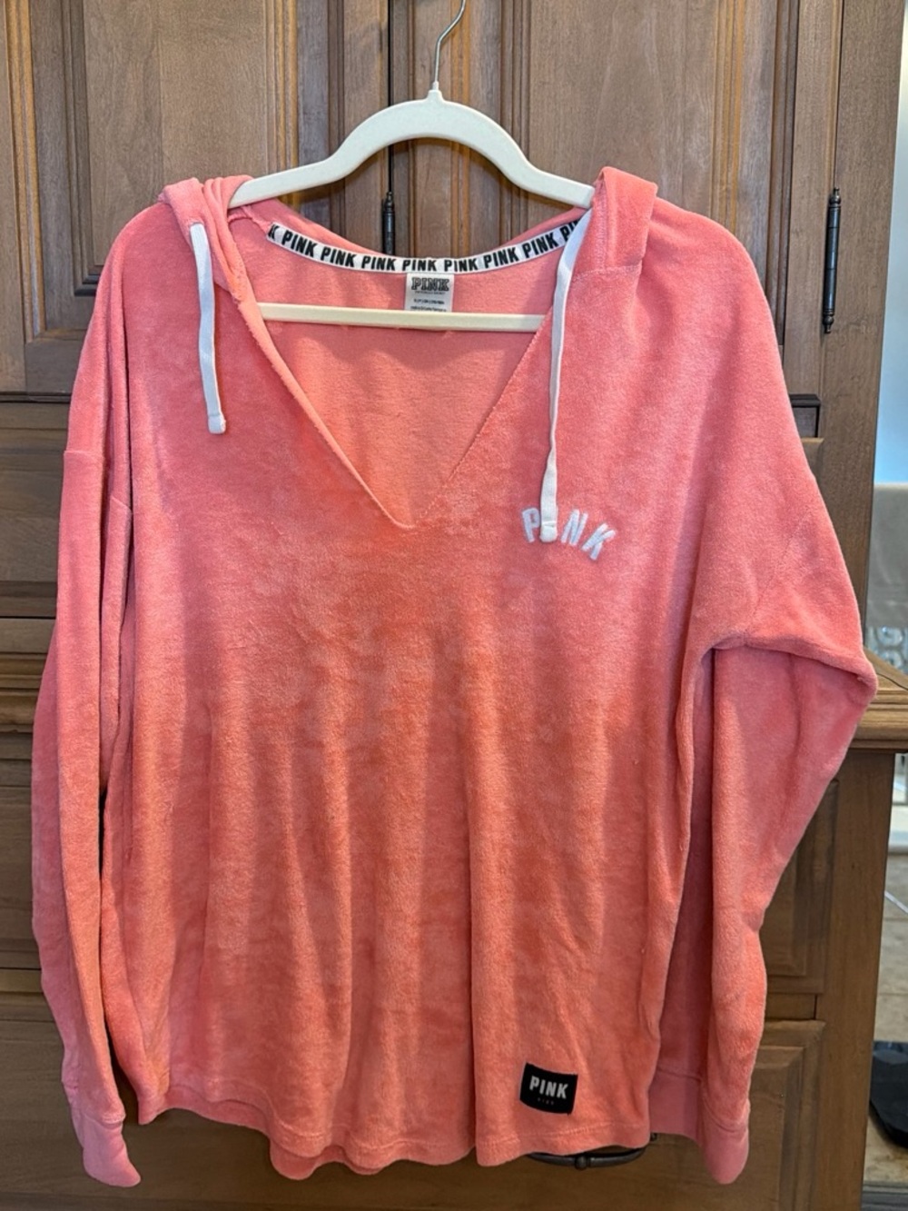 PINK Victoria's Secret Coral V-Neck Plush Hoodie Sweater
